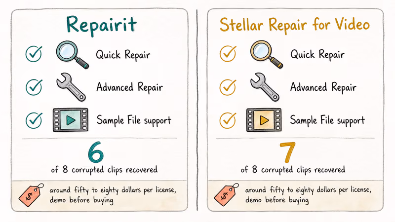 Comparison of Repairit and Stellar showing MOV repair success rates.