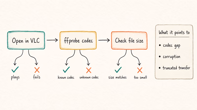 Hand-drawn three-step triage flowchart for QuickTime error 2048 using VLC ffprobe and file size checks.