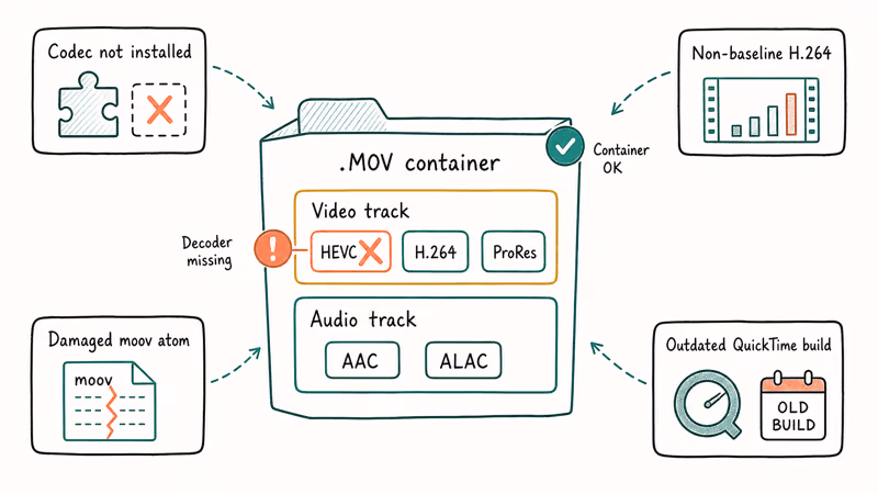 Diagram showing MOV container codec tracks and common QuickTime failure reasons.