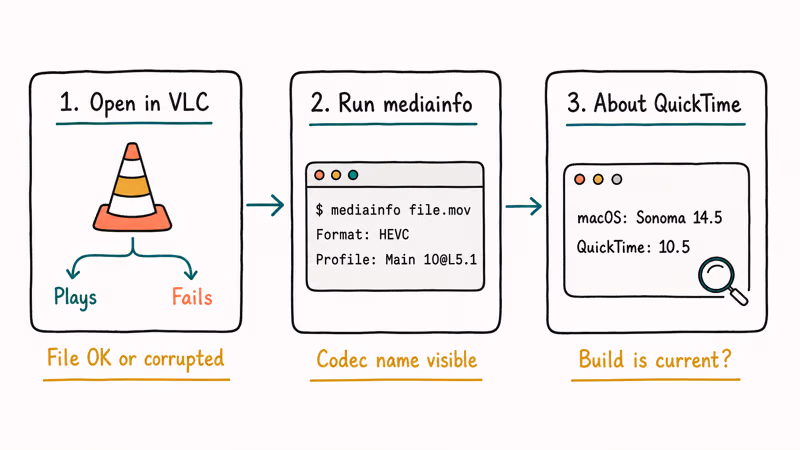 Three step diagnostic flowchart for QuickTime MOV problems using VLC mediainfo and version check.