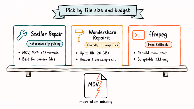 Comparison of three video repair tools Stellar Wondershare Repairit and ffmpeg shown as labeled cards.