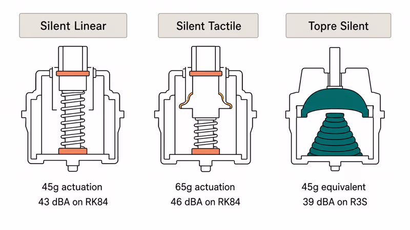 Three silent mechanical switch types cutaway showing dampening rings on linear, tactile, and Topre stems.