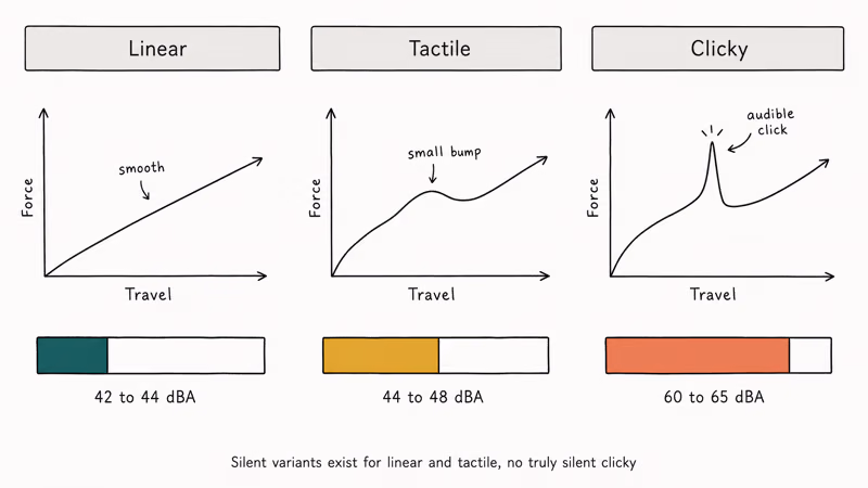 Linear tactile and clicky switch feel and noise level compared in a three column matrix.