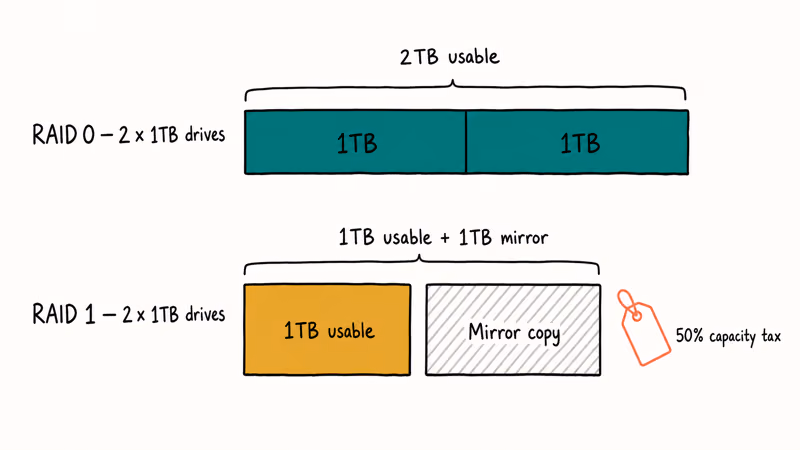 Capacity diagram showing RAID 0 using 2TB while RAID 1 keeps 1TB usable