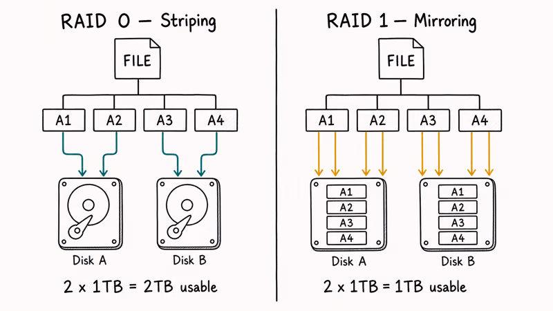Diagram comparing RAID 0 striped chunks and RAID 1 mirrored disk copies