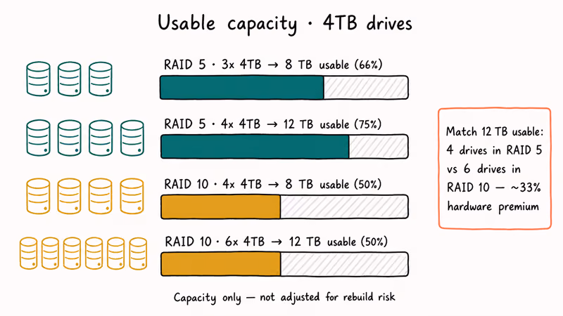 Bar chart comparing usable RAID 5 and RAID 10 capacity across drive counts