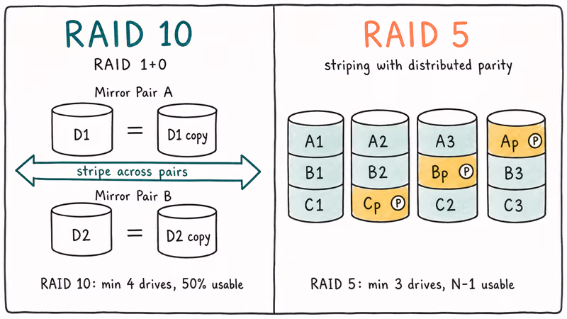 Diagram comparing RAID 10 mirrored pairs and RAID 5 distributed parity across four drives