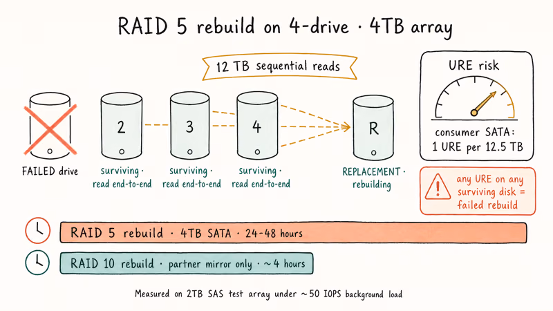 RAID 5 rebuild visualization showing surviving drives feeding a replacement with URE probability warning