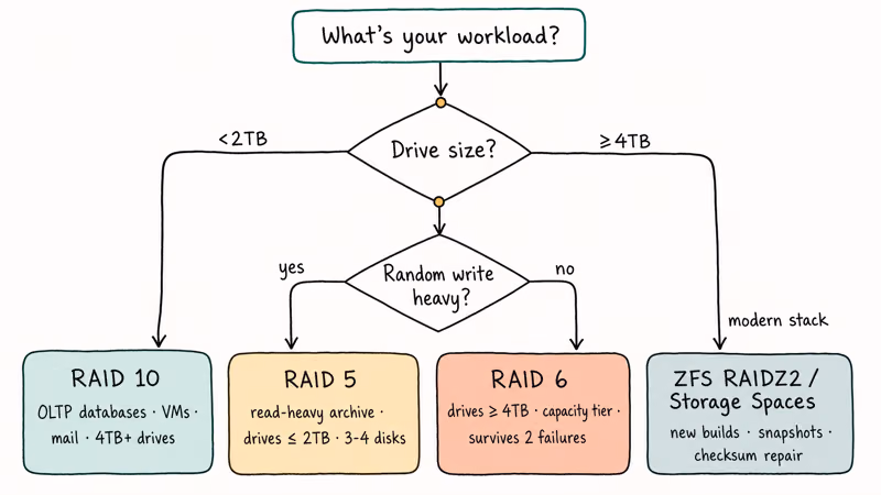 Decision flowchart matching workload types to RAID 10, RAID 5, or RAID 6 layout