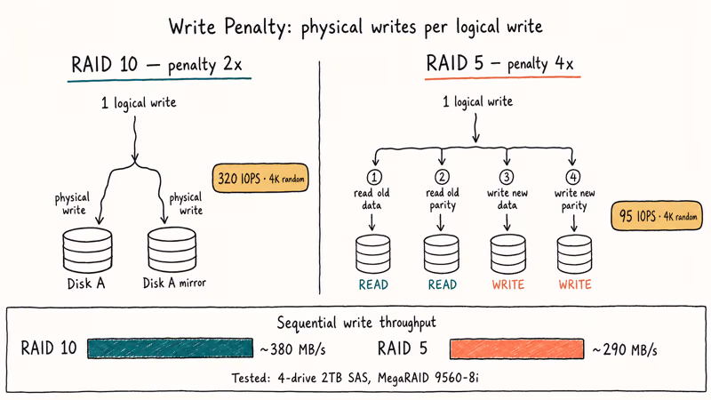 Write penalty comparison showing RAID 10 two writes versus RAID 5 four operations