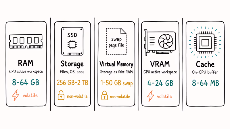 Lineup of RAM storage virtual memory VRAM and cache with example capacities