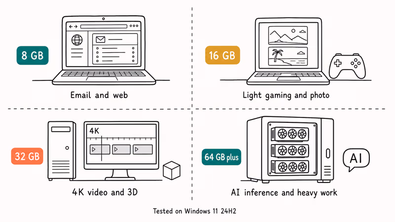 Hand-drawn four-panel grid showing recommended RAM amounts for email gaming video editing and AI workloads