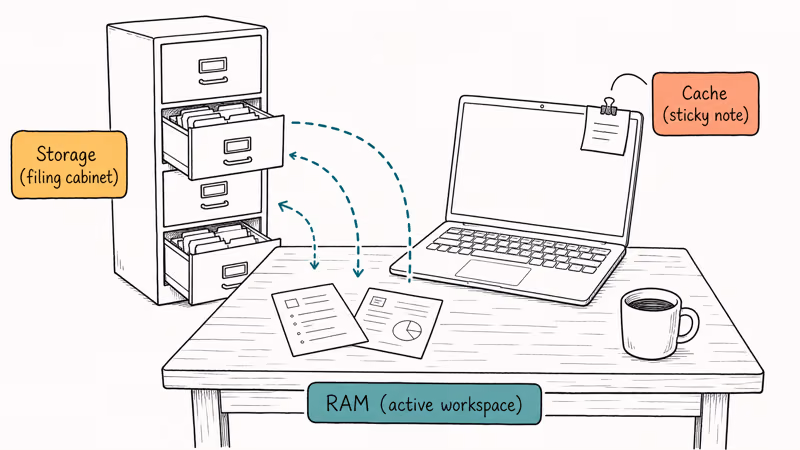 Desk filing cabinet and sticky note showing RAM storage and cache roles