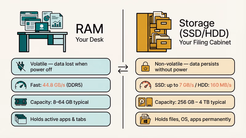 RAM vs storage comparison showing speed, capacity, and volatility differences