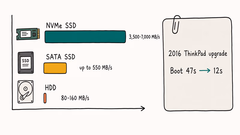 Bar chart comparing NVMe SATA SSD and HDD speeds with boot time note