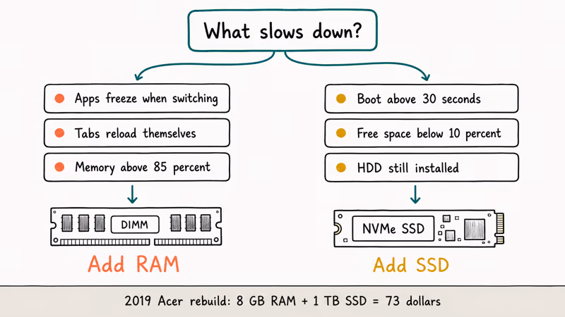 Hand-drawn decision flowchart showing symptoms that point to a RAM upgrade versus an SSD upgrade