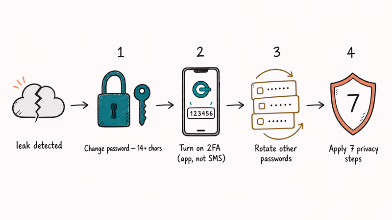 Four-step breach recovery flow from password change to two-factor authentication, password rotation, and privacy hardening