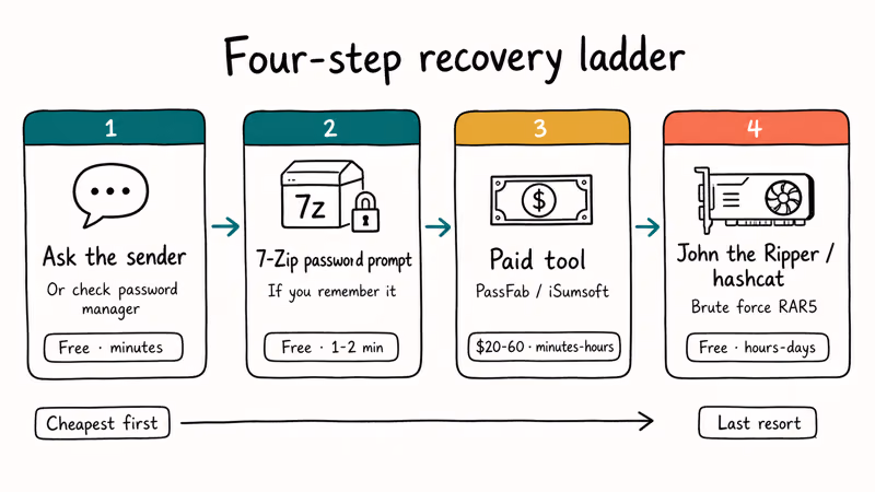 Hand-drawn four-step ladder showing sender ask, 7-Zip, paid tools, and brute force progression.