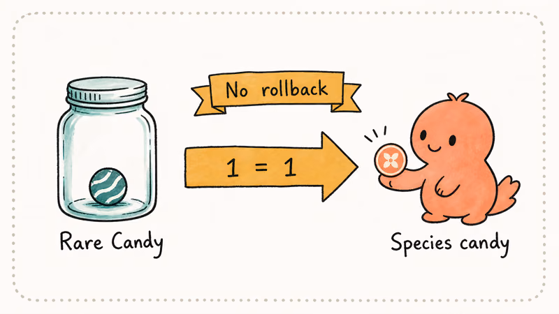 Diagram showing Rare Candy converting to species candy with no rollback note