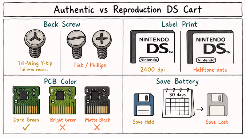 Checklist comparing authentic and reproduction DS cartridges by screw label PCB and battery.