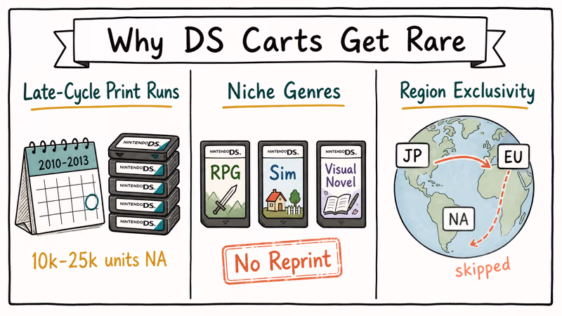 Hand-drawn three-column diagram showing late-cycle prints, niche genres, and region exclusivity driving Nintendo DS rarity.