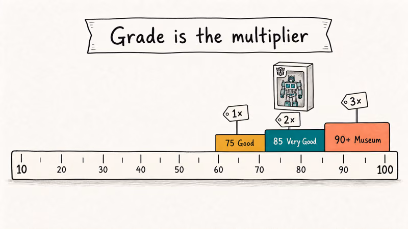 Hand-drawn AFA grading scale from ten to one hundred with three price multiplier bands
