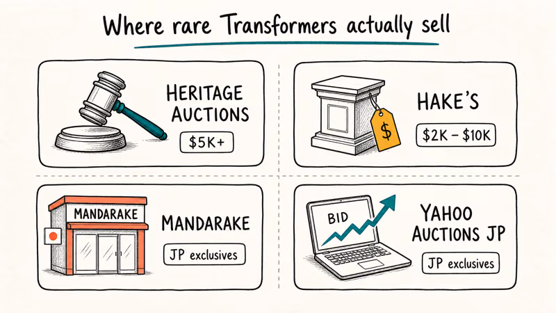 Hand-drawn comparison of four auction venues for rare Transformers toys with price tier labels