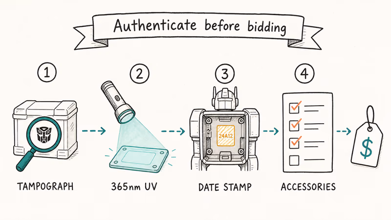 Hand-drawn flowchart of four Transformers authentication checkpoints from tampograph to accessory checklist