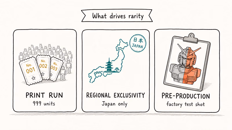 Three hand-drawn cards illustrating print run, regional exclusivity, and pre-production status as rarity drivers