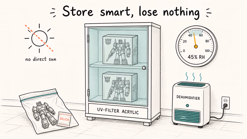 Hand-drawn storage setup with UV-filter cabinet, hygrometer, dehumidifier, and silica gel for collectible figures