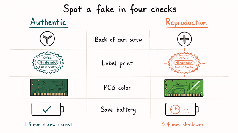 Side-by-side hand-drawn comparison of authentic and reproduction Game Boy cart indicators across four checks.