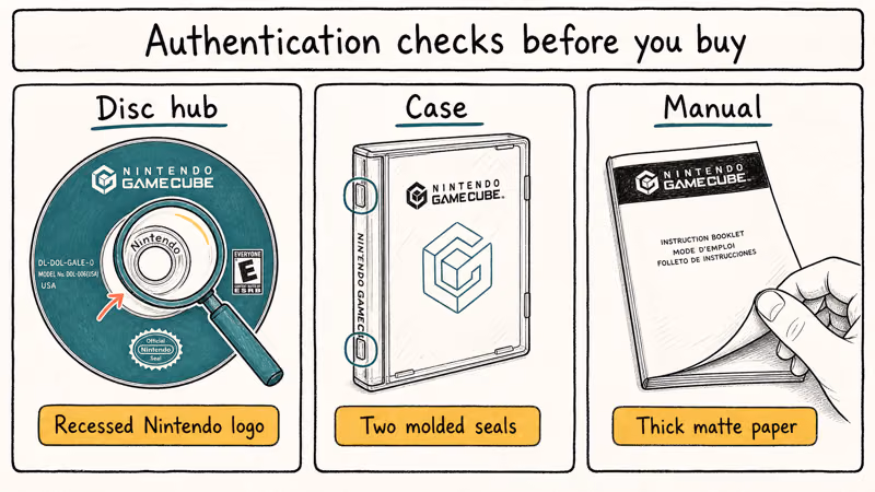Three hand-drawn inspection panels showing how to verify GameCube disc hub case and manual authenticity