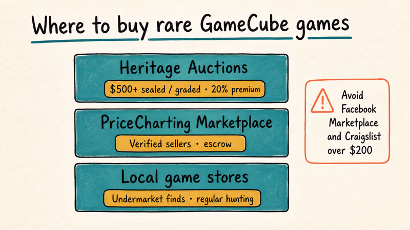 Hand-drawn three-tier marketplace ladder for buying rare GameCube games safely in 2026