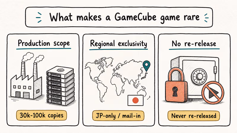 Three cards explaining production scope regional exclusivity and missing re-releases