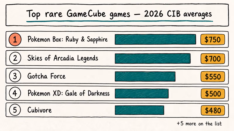 Hand-drawn ranked bar chart of the rarest GameCube games with CIB prices in 2026