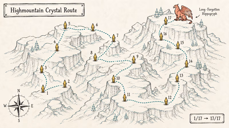 Hand drawn Highmountain map with seventeen crystal markers and a perched Long-Forgotten Hippogryph silhouette