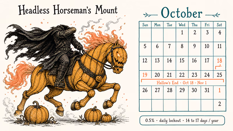 Hand drawn Headless Horseman riding flaming pumpkin mount beside October calendar marking Hallows End window