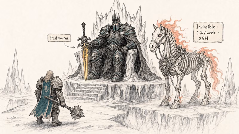 Paladin facing Lich King with Invincible mount beside Frostmourne