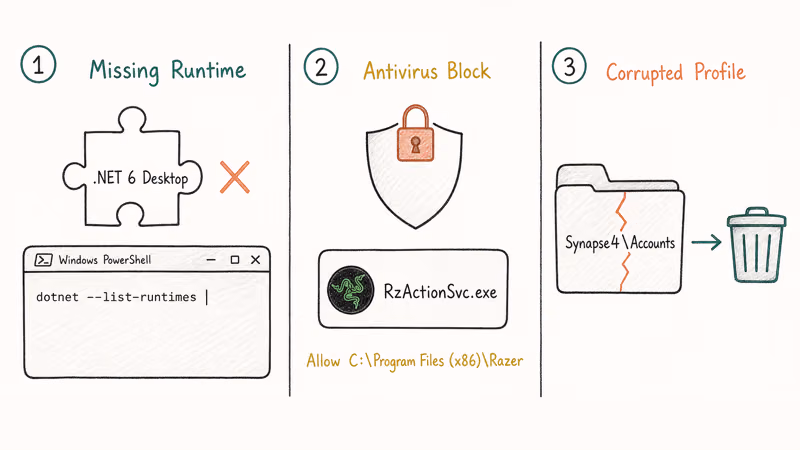 Three Synapse crash culprits panel covering missing runtime antivirus block and corrupted profile cache