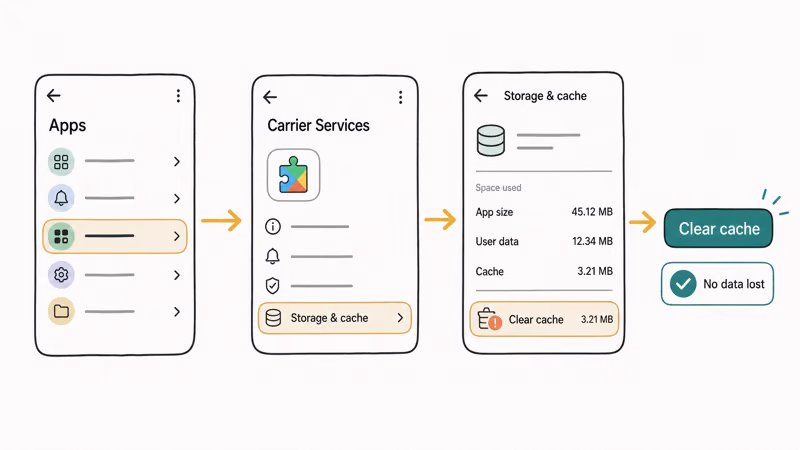 Android settings path to clear Carrier Services cache and restore RCS message sending
