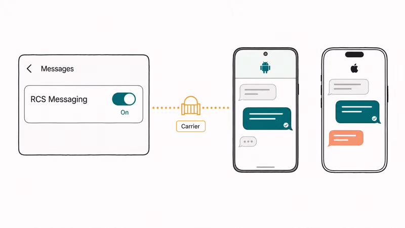 iPhone Messages settings showing RCS Messaging toggle for carrier enabled cross-platform chat
