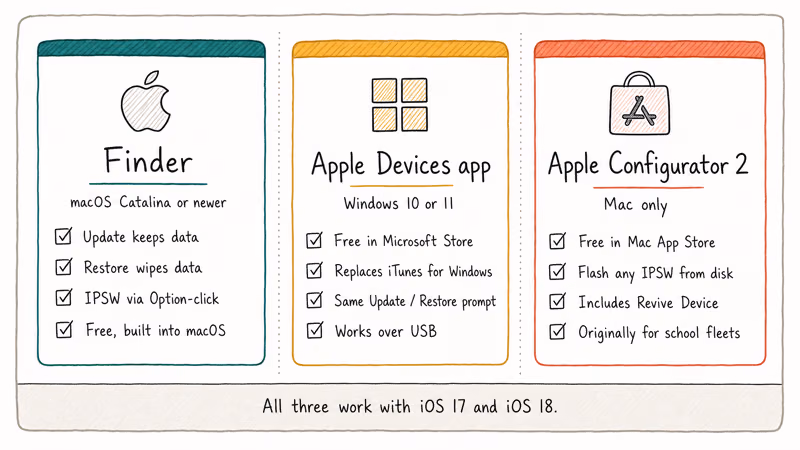 Hand-drawn comparison of three free Apple recovery tools Finder Apple Devices and Configurator 2