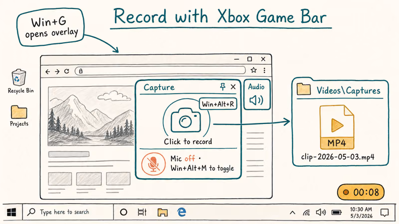 Hand-drawn Windows 10 Game Bar overlay showing capture widget, timer, and Videos Captures folder destination