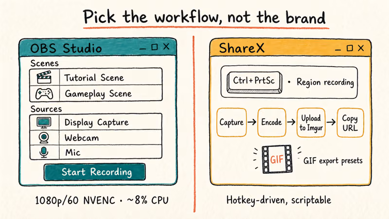 Side-by-side sketch contrasting OBS Studio scene workflow with ShareX hotkey and upload pipeline
