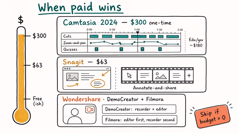 Hand-drawn pricing comparison of Camtasia Snagit and Wondershare paid screen recorders for Windows 10