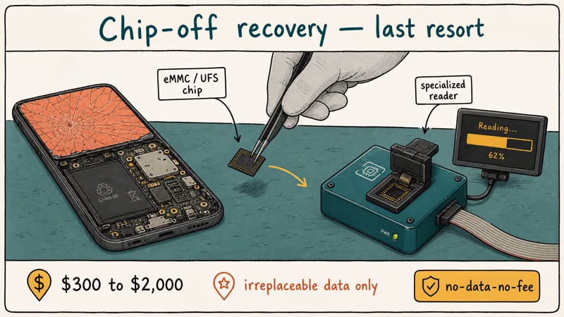 Clean-room technician lifting storage chip from broken Android phone for professional chip-off data recovery.