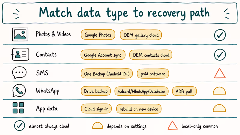 Recovery paths matched to data types including photos, contacts, SMS, WhatsApp, and app data sources.