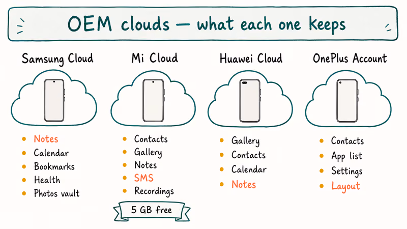 Four OEM cloud accounts compared showing Samsung, Xiaomi, Huawei, and OnePlus backup contents per brand.