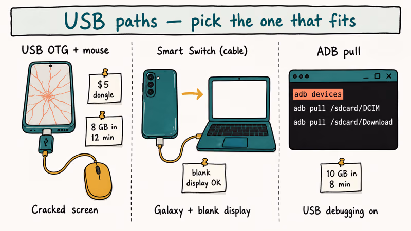 Three USB recovery paths comparing OTG mouse, Smart Switch cable, and ADB pull terminal command.