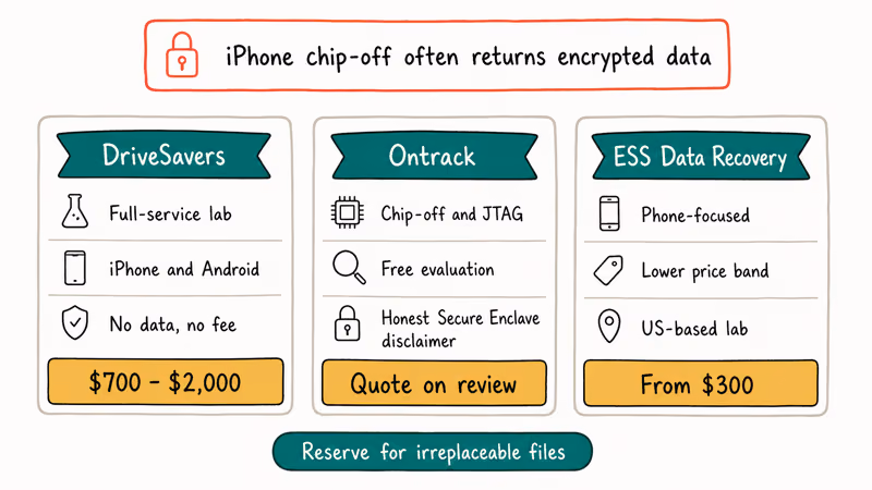 Clean room lab comparison of DriveSavers Ontrack and ESS with price ranges